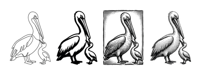 Fototapeta premium Four black and white pelican illustrations showing a mother bird feeding its chick in various artistic styles like line art, silhouette, engraving, and stippling