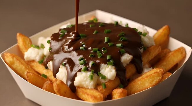 Closeup shot of a delicious poutine dish with gravy being poured on top