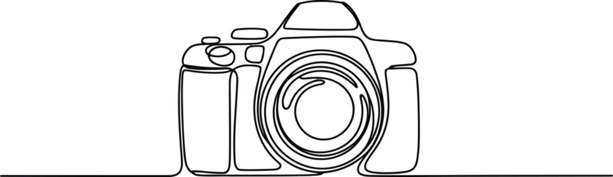 A continuous line drawing captures the detailed outline of a modern digital single lens reflex camera