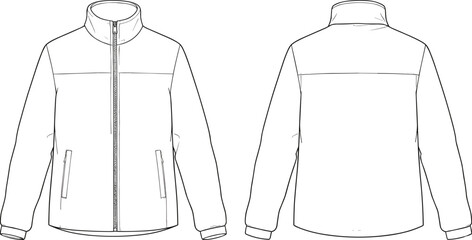 Black and white technical flat sketch of jacket front and back views with high collar, zipper, pockets, seam details, long sleeves, and fashion design template.