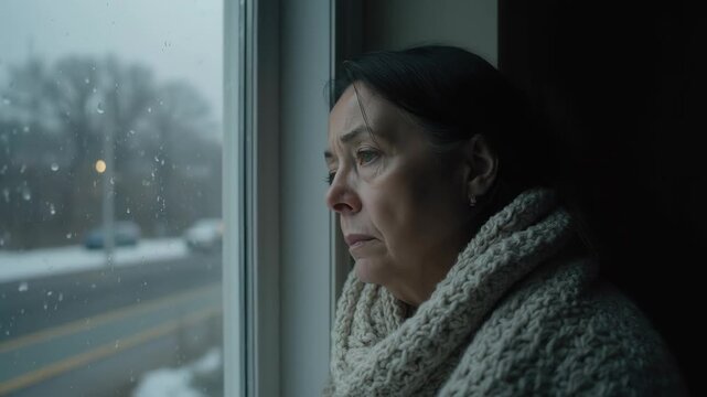Sad woman looking through window winter depression seasonal affective disorder loneliness melancholy mood unhappy mental health gloom gray weather rain snow indoor isolation tired emotional stress