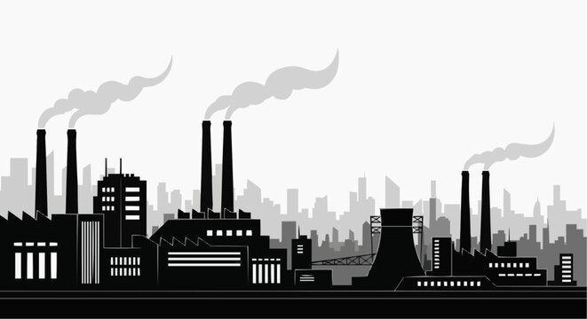 A black and white vector graphic illustration of an industrial cityscape with smokestacks and factories