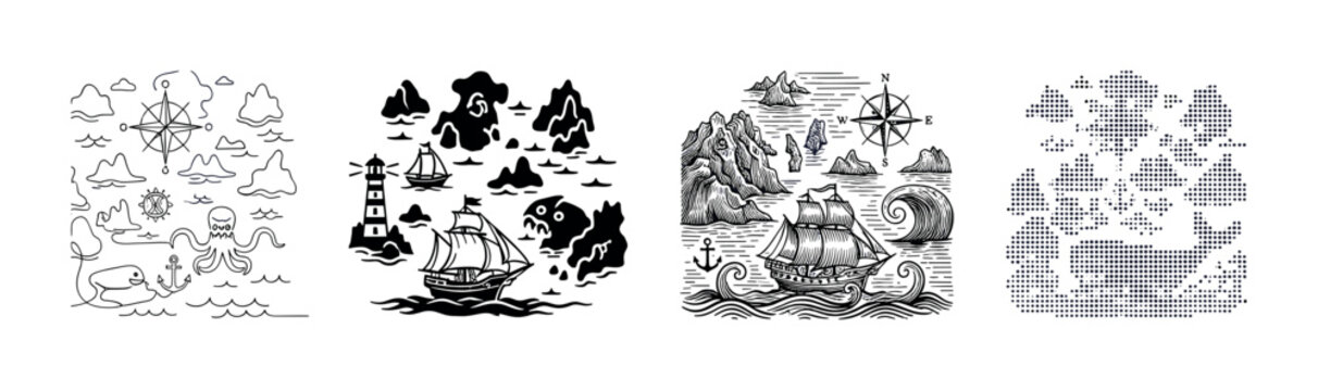 Four black and white nautical illustrations showing a collection of vintage maritime symbols like a sailing ship, world map, compass rose, anchor, and sea monster