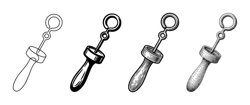Four black and white bubble wand illustrations presented in a collection of various artistic techniques like line art, solid silhouette, detailed hatching, and pointillism