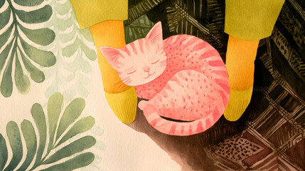 Sleeping pink cat nestled between legs