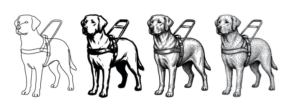 Set of four guide dog illustrations in different artistic styles including line art, ink, engraving, and stippling, showing a Labrador Retriever wearing a special harness