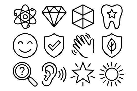 Vector Icon Set: Science, Diamond, Cube, Tooth, Smile, Shield, Hand, Leaf, Magnifying Glass, Ear, Star, Sun