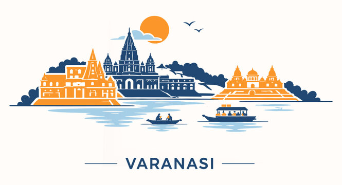 Varanasi India Skyline with Ganges River and Temples Flat Vector Illustration