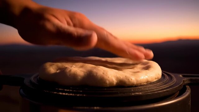 Close-up of a hand pressing dough on a cast iron plate outdoors at sunset. Person preparing flatbread or tortillas during a camping trip with a scenic landscape background. Outdoor cooking concept