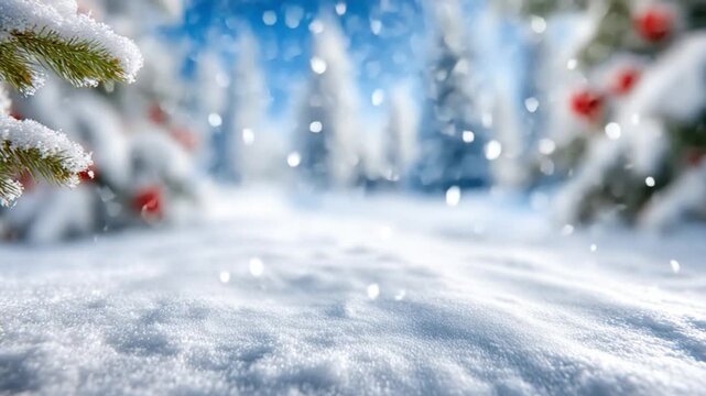 Winter Wonderland: A serene winter landscape, with fresh snow covering the ground and fir trees, all framed against a bright, clear sky, captures the peace and beauty of the season. 