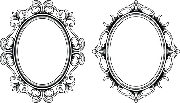 Vintage oval mirror frames vector set with decorative ornate borders and royal antique Victorian style patterns