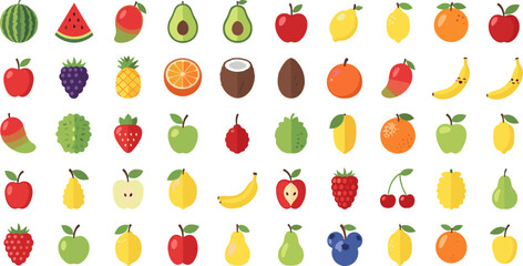 Large Colorful Fruit Icon Set Featuring Apple, Banana, Mango, Pineapple, Grapes, Lemon, Orange, Avocado and Tropical Fruits for Healthy Food Design © MdMojnu