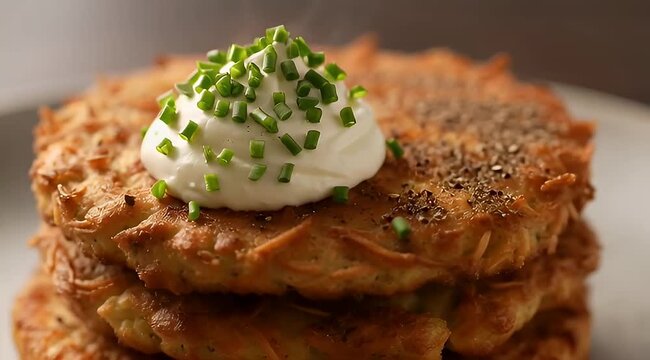 Stack of golden brown potato latkes topped with sour cream and chives