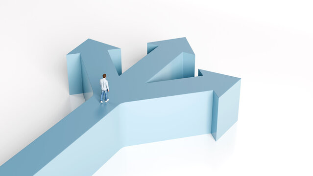 Man walking on an elevated pathway toward a crossroads with three arrows pointing in different directions representing strategic career choices, 3d render