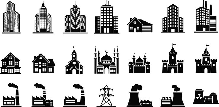 Set of black vector icons featuring city skyscrapers landmark cathedrals industrial factories bridges trees cars houses and diverse urban architectural silhouettes