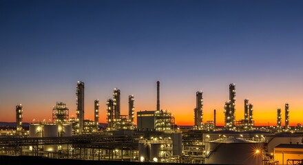 Obraz premium Industrial refinery complex at dusk with illuminated towers and storage tanks against vibrant sunset sky