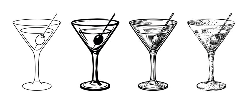 Four black and white martini cocktail glasses with olives are shown in a row, each rendered in a different artistic illustration style from simple line art to engraving and stippling