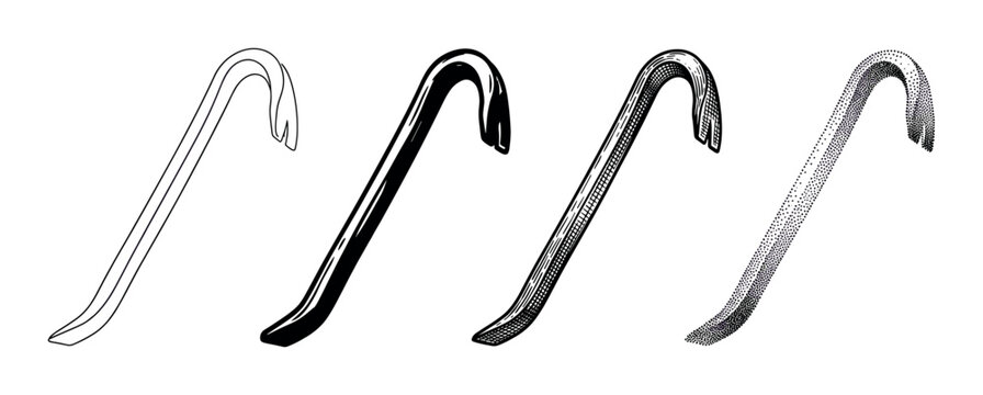 Four different crowbar hand tool illustrations in a row, showcasing various artistic techniques such as line art, silhouette, hatching, and stippling in a monochrome palette