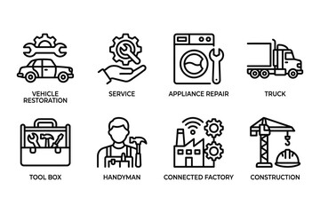 Fototapeta premium Service and Industry Icons: Vehicle Restoration, Hand Service, Appliance Repair, Truck, Tool Box, Handyman, Connected Factory, Construction Crane