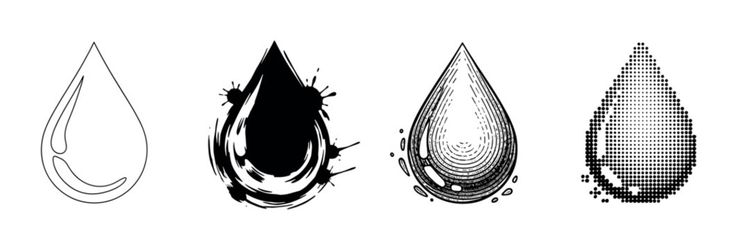 Set of four black liquid drop icons illustrated in different artistic styles including simple line art, ink splatter, engraved woodcut, and halftone dot pattern for graphic design