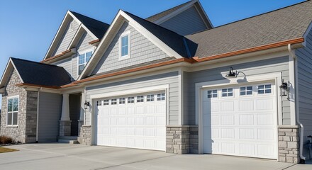 Fototapeta premium Modern two-story suburban house with white garage doors and gray roof under clear blue sky