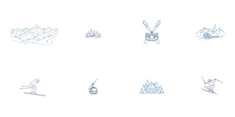 Skiing bundle with mountains cabin ski lift and skiers line