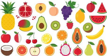 Obraz premium Large Tropical Fruit Icon Set Featuring Pineapple, Pomegranate, Mango, Avocado, Kiwi, Papaya, Banana, Apple and Citrus for Healthy Food and Nutrition Design