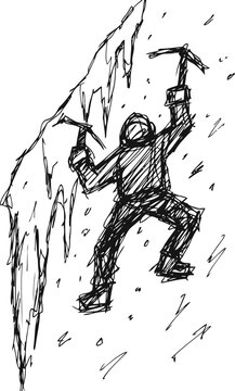 Mountaineer climbing icy wall with ice axes in extreme cold and snowy weather conditions
