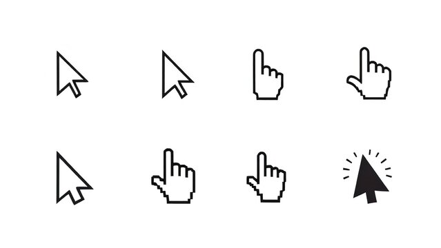 Computer mouse cursor icons and hand pointer symbols for digital design and interface navigation