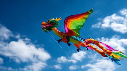 Colorful Dragon Kite Soaring High in a Clear Blue Sky with Wispy Clouds