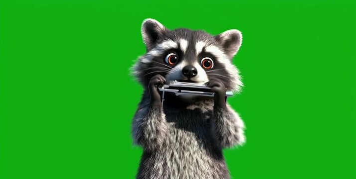 A cartoon raccoon with wide eyes holds a harmonica in its mouth against a vibrant green screen background.