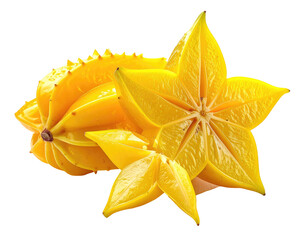 Fototapeta premium Vibrant yellow star-shaped fruit, some whole, one sliced, on white