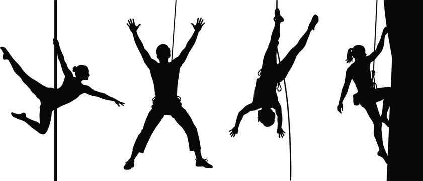 Extreme sports silhouette set, climbers and pole dancers performing acrobatic moves rope climbing wall climbing fitness training stunt activity vector illustration