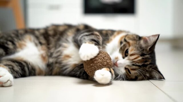 A cat enjoys playing with a catnip ball