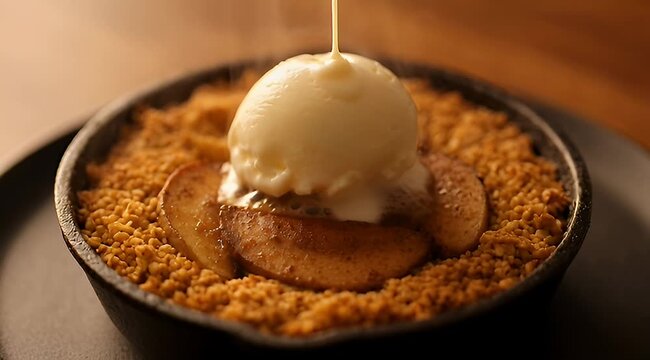 Delicious looking apple crumble with ice cream being drizzled with caramel sauce