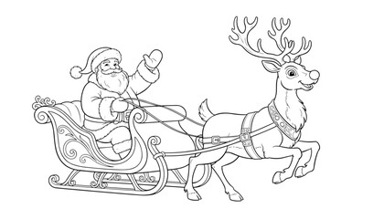 Santa Claus riding sleigh with reindeer line art illustration, cute Christmas holiday character outline drawing isolated on white background for coloring page design © MstMousumi