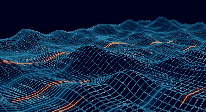 Futuristic grid landscape with glowing orange lines on blue mesh black background abstract technology concept