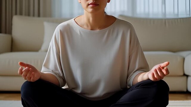 Woman meditates indoors achieving serenity and mental wellness in sunlight
