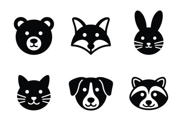 Cute Animal Face Icons: Bear, Fox, Rabbit, Cat, Dog, Raccoon