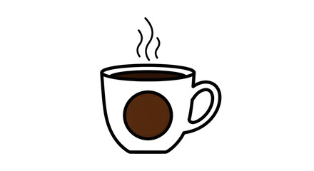 A simple line drawing of a steaming hot coffee cup on a plain background with a brown circle on the