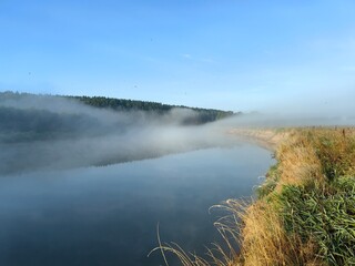 Fog at dawn on the river, summer landscape.