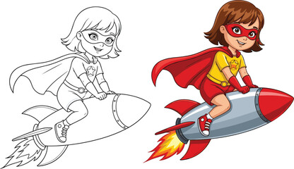 Set of cute cartoon superhero girl riding a space rocket with red cape and mask for kids adventure vector illustration © Mokbul