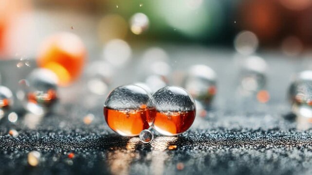 Mysterious Liquid Spheres: Captured in extreme close-up, the image unveils a series of spherical droplets, each a tiny microcosm of wonder. Their transparent exteriors encase amber liquids.