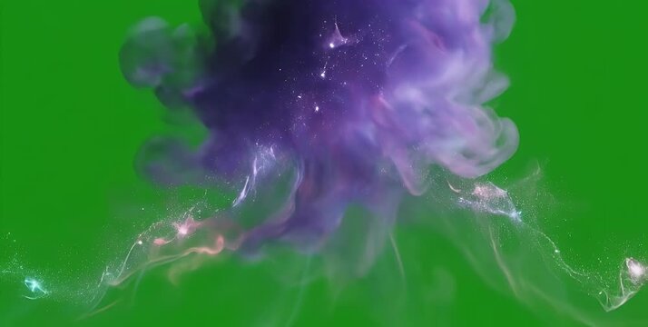 A dynamic purple and green smoke explosion with sparkling particles against a green screen background.