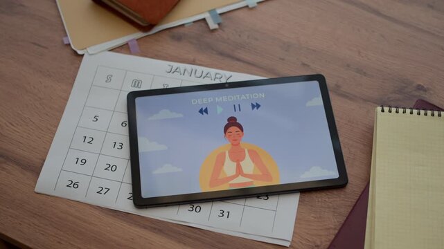 Top down shot of digital tablet with application for deep meditation on screen and paper calendar on wooden table indoors, no people