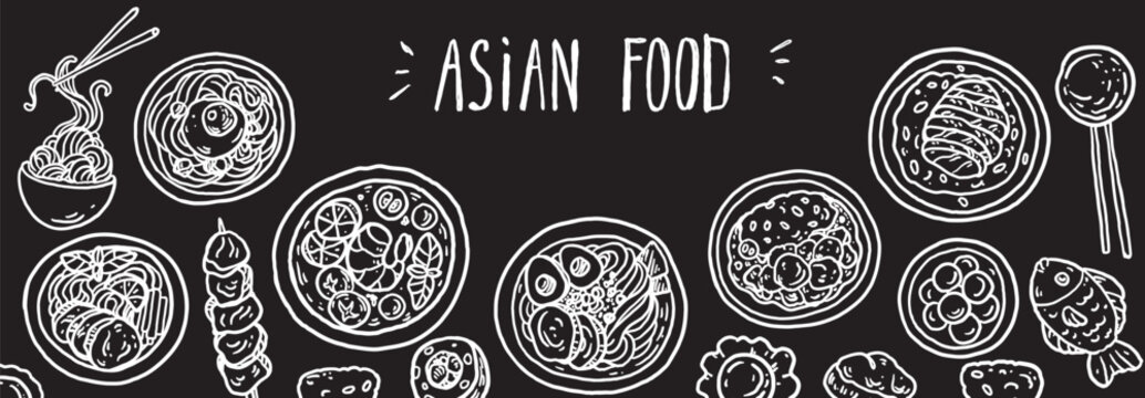  Hand drawn asian food sketch . Whimsical food and drink doodles set. Hand drawn vector illustration for menu, packaging design. Asian cuisine quirky icons, simple sketch style. Minimalist line art