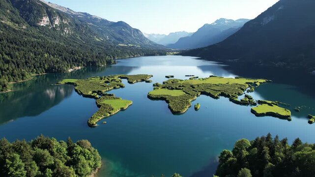 World map islands in clear mountain lake surrounded by forests
