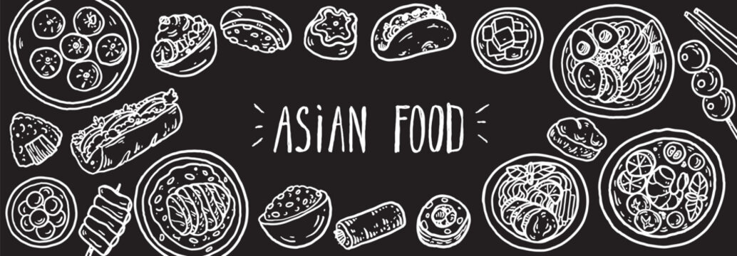  Hand drawn asian food sketch . Whimsical food and drink doodles set. Hand drawn vector illustration for menu, packaging design. Asian cuisine quirky icons, simple sketch style. Minimalist line art