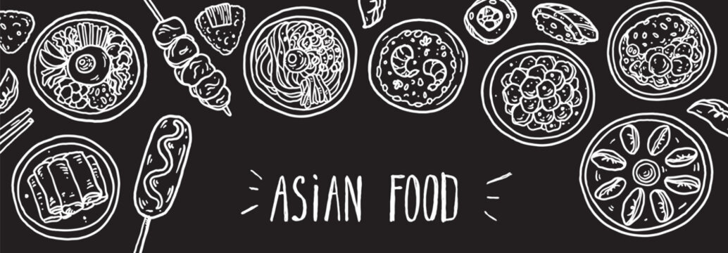 Hand drawn asian food sketch . Whimsical food and drink doodles set. Hand drawn vector illustration for menu, packaging design. Asian cuisine quirky icons, simple sketch style. Minimalist line art