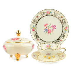 Decorative porcelain set with gilded legs and exquisite hand-painted flowers.